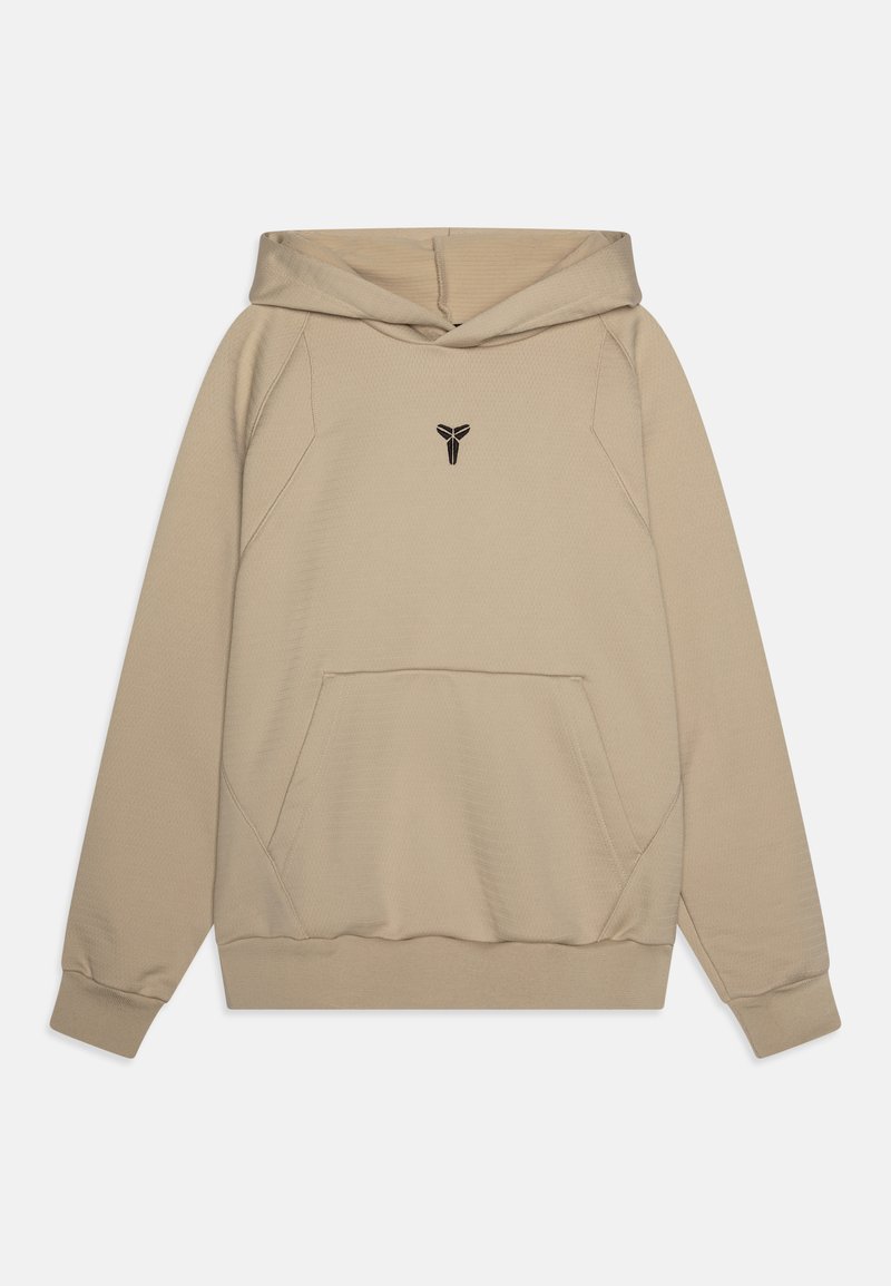 Beige hoodie med dragsko i huvan, ficka fram, och subtilt texturerat mönster. Svart logotyp på bröstet, ribbade ärmslut och fåll.