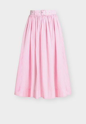 Roze-witte geruite midi-rok met plooien en bijpassende stoffen riem met gesp in de taille.