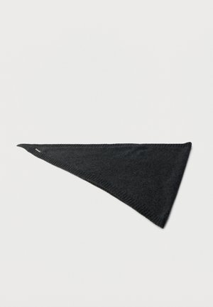 Black triangular shawl made of soft fabric with a ribbed edge, displaying a smooth texture and a small logo near the tip.