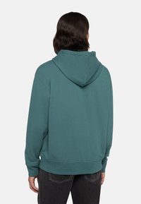 Felpa in cotone teal con un grande cappuccio, spalle scese e polsini a coste. La vista posteriore mostra un design senza cuciture e una vestibilità rilassata.