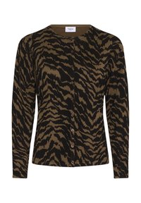 Tiigri musteriga kardigan, mis on valmistatud pehmest materjalist, mustade ja oliiviroheliste triipudega, pikad varrukad ja ümar kaelus nupuga kinnitamiseks.