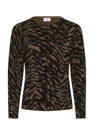 Tigro medžio rašto kardiganas, pagamintas iš minkštos medžiagos, su juodomis ir alyvinėmis juostelėmis, ilgos rankovės ir apvaliu kaklu su mygtukų uždarymu.