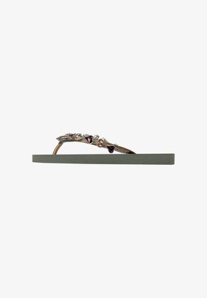 Flip-flop featuring a flat, gray rubber sole and a metallic strap adorned with various jeweled accents in shades of pink and clear.