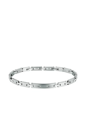 Bracciale a catena in metallo argento con piastra centrale rettangolare piatta, finitura liscia e leggermente spazzolata, su sfondo bianco.