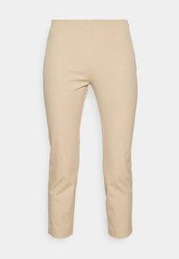 Beiga cropped byxor, tillverkade av ett slätt tyg. Har en figurnära design utan synliga fickor och ett rent midjeband för en strukturerad look.