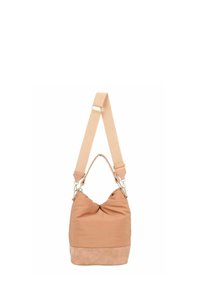 Sac à bandoulière couleur pêche douce avec une sangle large réglable, de petites poignées et un panneau inférieur en suède, présenté sur un fond blanc.