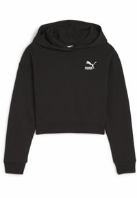 Cappuccio corto nero realizzato in morbido tessuto, dotato di tasca a marsupio, polsini a costine e un piccolo logo Puma bianco sul lato sinistro del petto.