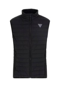 Gilet imbottito nero con colletto alto, zip frontale e due tasche laterali. Presenta un design a righe orizzontali e un logo sul petto.