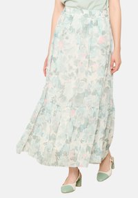 Cvečni maksi krilo v svetlo modri, roza in zeleni barvi; lahka tkanina, plastovit dizajn, do gležnjev z ležernim krojem.