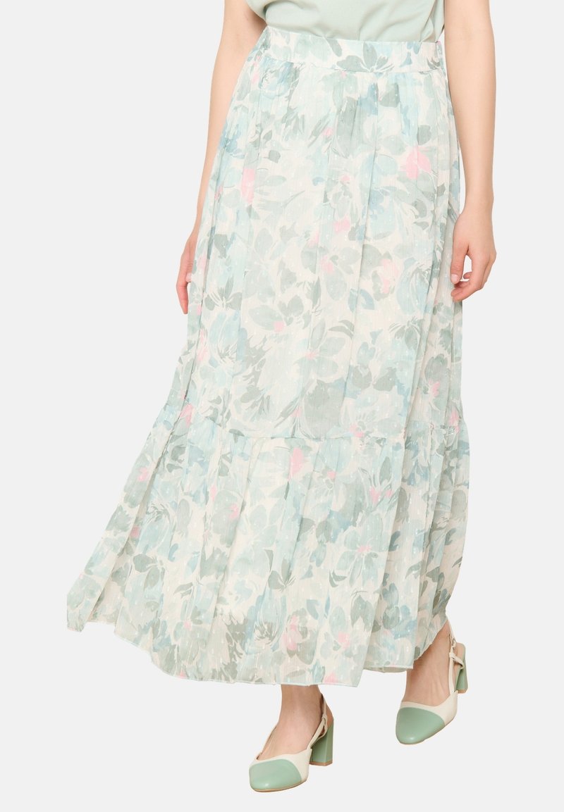 Cvečni maksi krilo v svetlo modri, roza in zeleni barvi; lahka tkanina, plastovit dizajn, do gležnjev z ležernim krojem.