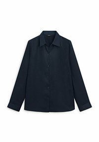 Chemise à manches longues bleu marine en tissu lisse, avec un col pointu, une fermeture à boutons à l'avant et des poignets standard. Design simple sans motifs.