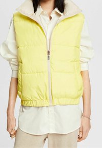 Gilet imbottito giallo con chiusura a zip e colletto alto. Presenta un design trapuntato e orlo elastico, indossato sopra una camicia di colore chiaro.