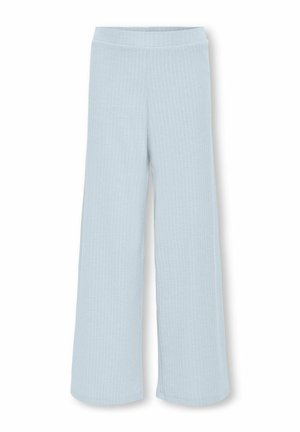 Light blue ribbed knit wide-leg pants with elastic waistband, designed for casual wear.