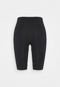 Short cycliste noir taille haute sans couture, longueur mi-cuisse, avec des détails côtelés autour de la taille et des ourlets des jambes sur fond blanc.