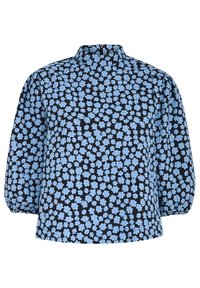 Blusa floreale con sfondo blu navy, caratterizzata da un motivo floreale azzurro, collo alto e maniche lunghe a sbuffo.