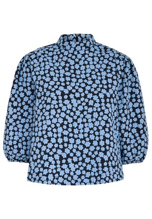 Floral blouse with a navy background, featuring a light blue floral pattern, high neckline, and puffed long sleeves.