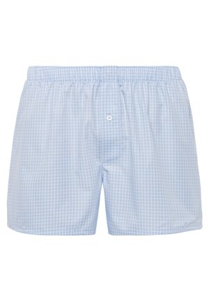 Lichtblauwe geruite boxershorts van zachte katoen, met een elastische tailleband en een enkele knoopsluiting aan de voorkant.