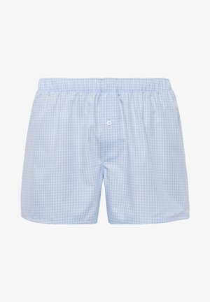 Lichtblauwe geruite boxershorts van zachte katoen, met een elastische tailleband en een enkele knoopsluiting aan de voorkant.