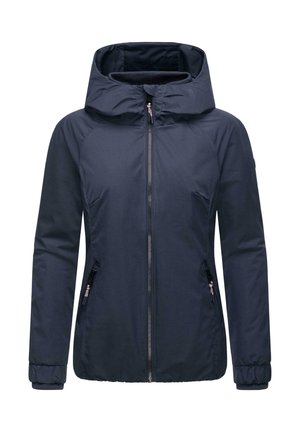 Veste bleu marine avec capuche, fermeture éclair à l'avant, poignets élastiques et poches latérales. Fabriquée en tissu texturé et léger pour le confort.