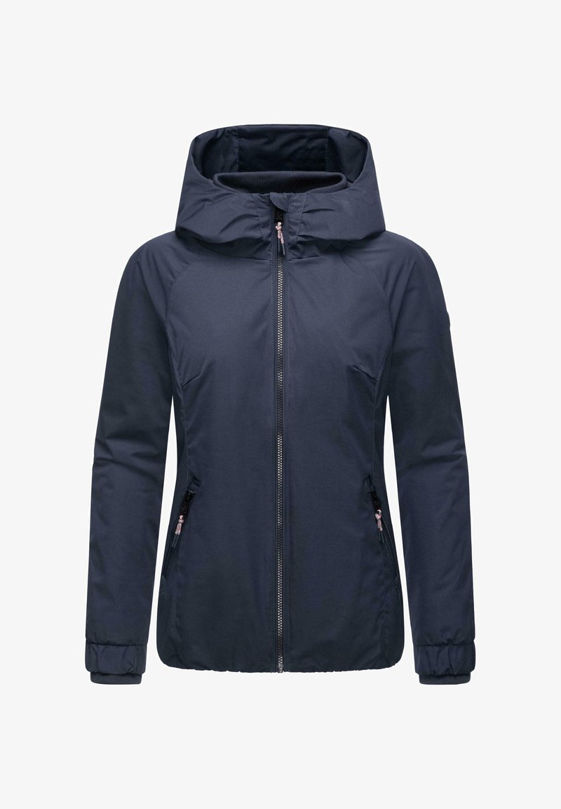 Tamsiai mėlynas švarkas su kapišonu, priekinis užtrauktukas, elastingos rankovių gumos ir šoninės kišenės. Pagamintas iš tekstūruoto, lengvo audinio, skirtas komfortui.