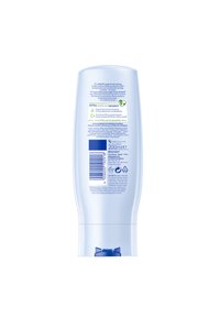 Spülmittel-Flasche mit einem durchsichtigen, hellblauen Kunststoffkörper, geschwungener Form, blauer Klappdeckel, Produktdetails in mehreren Sprachen auf der Rückseite.