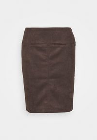 Gonna a matita in suede marrone con un design aderente, silhouette dritta e dettagli di cucitura minimi. Presenta una vita a media altezza.