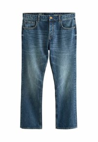 Jeans din denim albastru, cu croială boot cut, cu un efect de estompare, cinci buzunare, închidere cu nasture și cusături contrastante de-a lungul cusăturilor.