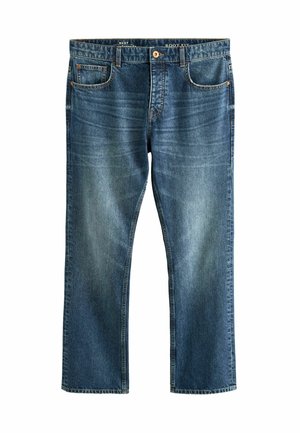 Bootcut kék farmernadrág, elhalványodott hatással, öt zsebbel, gombos záródással és kontrasztos varrással az illesztéseknél.