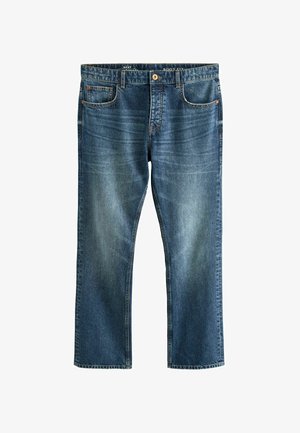 Bredde jeans i blå denim med en falmet effekt, fem lommer, knaplukning og kontrastsyet langs sømmene.