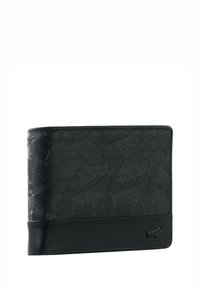 Portafoglio nero con un motivo testurizzato a forma di bottiglie, rifiniture in pelle nera liscia e logo del marchio nell'angolo in basso a destra. Design compatto.