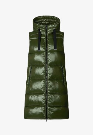 Skinnende olivengrøn ærmeløs dunvest med høj krave, lynlås foran, sorte snore og lynlåslommer i siderne.