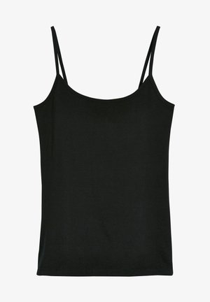 Canotta nera con spalline sottili, realizzata in un tessuto liscio e leggero. Presenta un collo arrotondato e un orlo dritto.