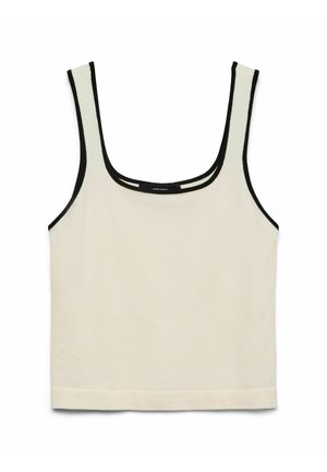 Ivory sleeveless cropped tank top with black trim along neckline and shoulder straps, laid flat on white background.