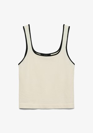Ivory sleeveless cropped tank top with black trim along neckline and shoulder straps, laid flat on white background.