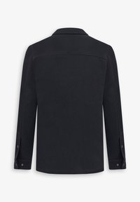 Sort jakke med en glat tekstur, knappede ærmer og et klassisk kravedesign. Ryggen har rene linjer og minimal detaljering.