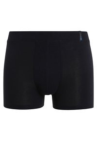 Black cotton boxer shorts with a smooth texture, featuring a reinforced front and an elastic waistband with a small blue logo tag.