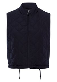 Veste sans manches noire matelassée avec fermeture éclair à l'avant, col montant, poches latérales et cordons ajustables à l'ourlet.