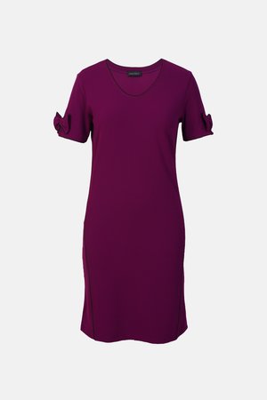 Purple dress with short sleeves featuring bows at the cuffs, a v-neckline, slim fit, and side seam detailing. Made from a textured fabric.