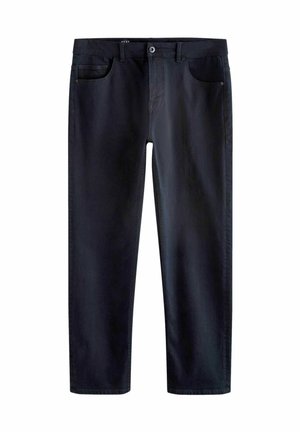 Jeans de culoare albastru închis cu o croială dreaptă clasică, fabricate din denim. Au cinci buzunare și un sistem standard de închidere cu buton.