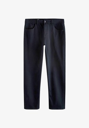 Dunkelblaue Jeans mit klassischem geradem Schnitt, aus Denim gefertigt. Verfügt über fünf Taschen und einen Standardknopfverschluss.
