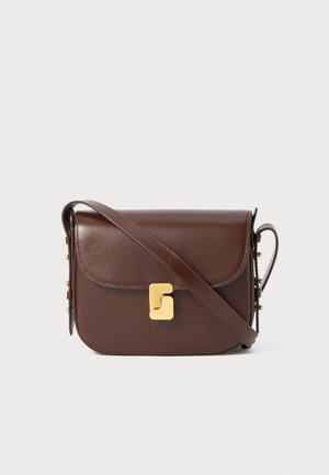 Brown leather crossbody bag with gold-tone clasp and adjustable strap, smooth finish, structured rectangular shape, and side buckle details.
