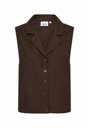 Chemise sans manches marron foncé à boutons, avec un col et quatre boutons sur le devant, en tissu texturé.