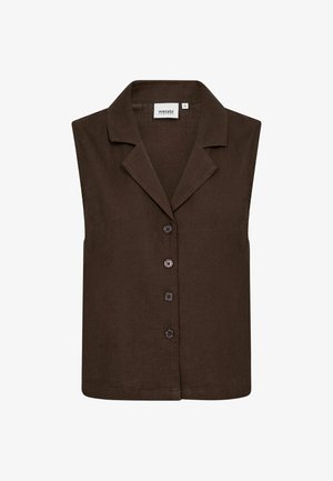 Chemise sans manches marron foncé à boutons, avec un col et quatre boutons sur le devant, en tissu texturé.