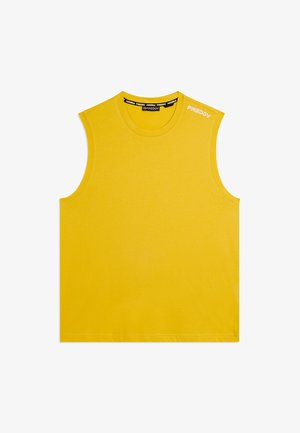 Top atletico giallo senza maniche con scollo tondo e logo bianco "FREDDY" sulla spalla sinistra e all'interno del colletto.