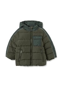Groene pufferjas met capuchon, ritssluiting aan de voorkant, twee met rits afgesloten zakken, geruite stofaccenten en reflecterende afwerking op de schouders.