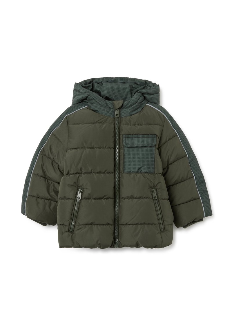 Groene pufferjas met capuchon, ritssluiting aan de voorkant, twee met rits afgesloten zakken, geruite stofaccenten en reflecterende afwerking op de schouders.