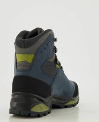 Scarponi da trekking con tomaia in suede blu, dettagli grigi, rifiniture verdi e suola robusta in gomma nera con un motivo di battistrada testurizzato.