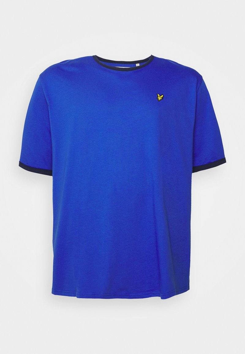 Blue cotton T-shirt with short sleeves, black trim around the neckline and sleeve hems, featuring a small yellow logo on the chest.