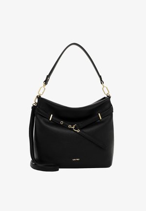 Sac à main en cuir noir avec poignée supérieure et bandoulière réglable, équipé de ferrures dorées et du logo "SURI FREY" à l'avant.