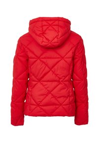 Giacca trapuntata rossa con cappuccio, caratterizzata da un motivo geometrico a diamante e una texture liscia e lucida. Maniche lunghe e design corto.